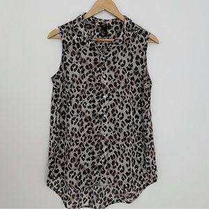 H&M Beige Black Leopard Button Front Sleeveless Hi Low Blouse Top - 8